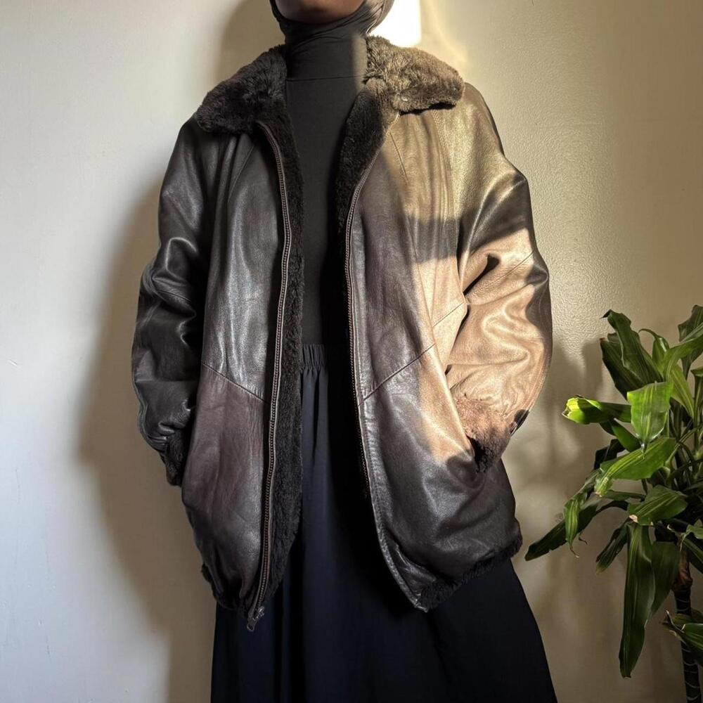 Vintage Oversized streetwear retro fur lining Leather jacket size XL